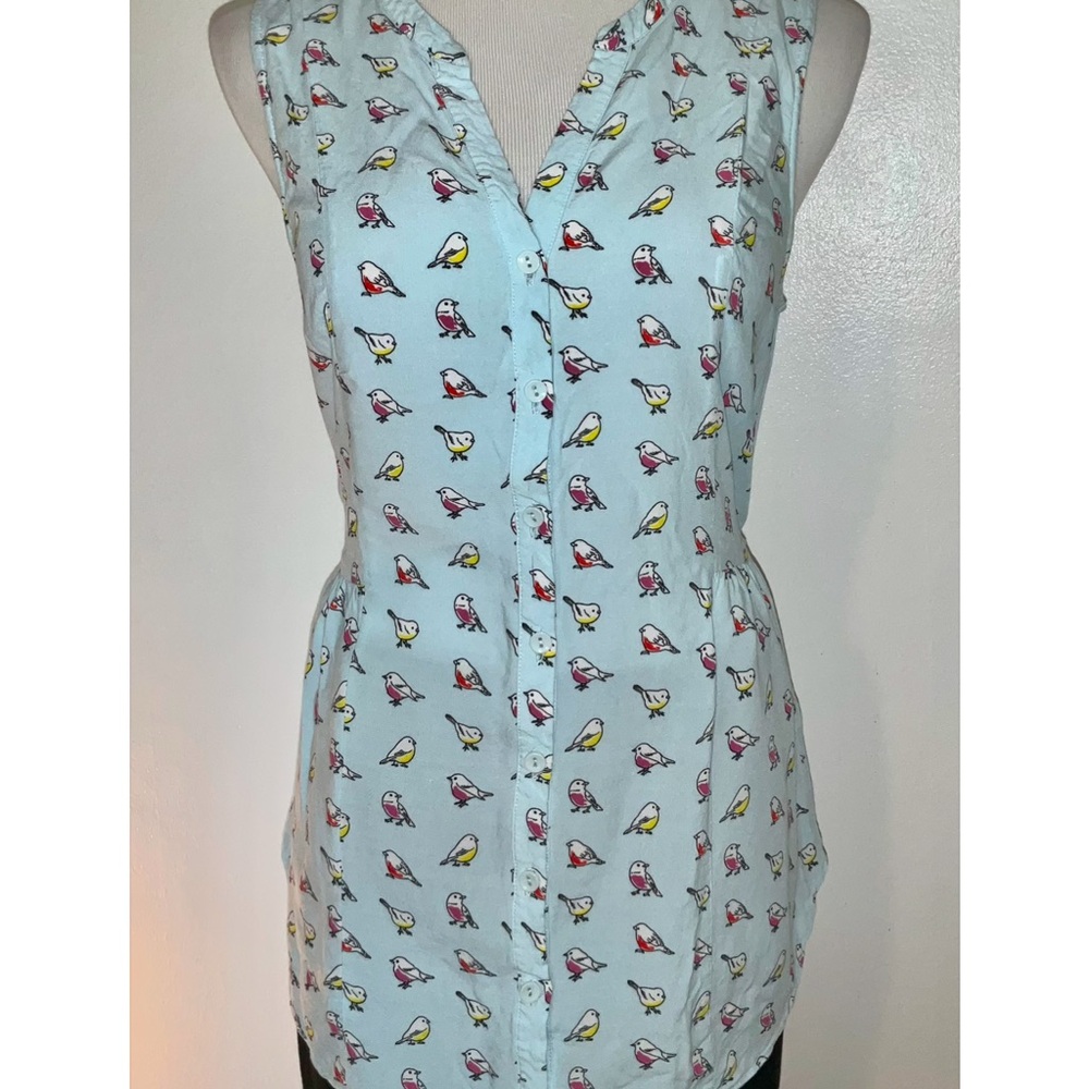 Modcloth Blue Bird Print Buttoned Mandarin Collar Blouse - Picture 1 of 9